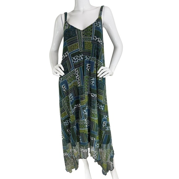 VTG Y2K Boho Dress XL Green Blue Patchwork Handkerchief Hem Flowy Light Fairy - Picture 6 of 13